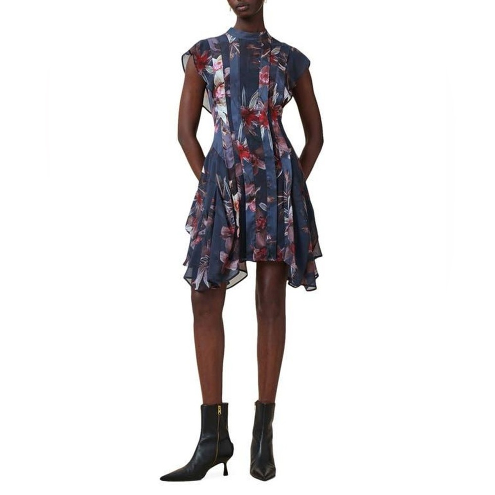 NEW ALLSAINTS Fleur Handkerchief Hem Dress Adena Deep Blue SIZE US4,$329